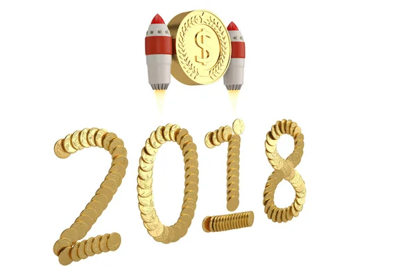 2018 a partir das moedas de ouro e mantenha a moeda com foguete em white.3D — Fotografia de Stock