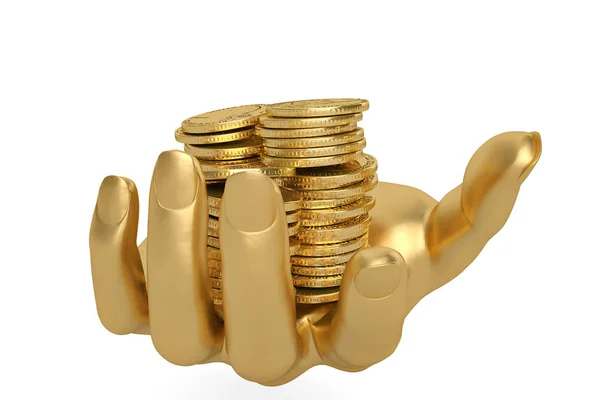 Mani d'oro tenere in mano monete d'oro su uno sfondo bianco, 3D i — Foto Stock