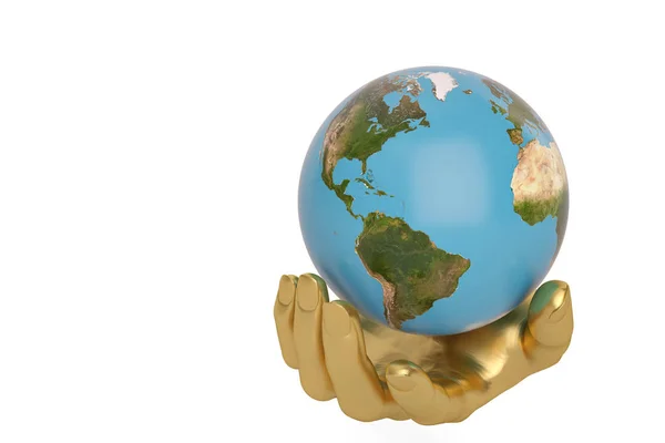 Manos de oro que sostienen o protegen el globo, ilustración 3D . — Foto de Stock