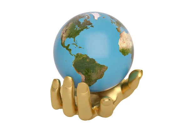 Mãos de ouro mantendo segurando ou protegendo globo, ilustração 3D . — Fotografia de Stock