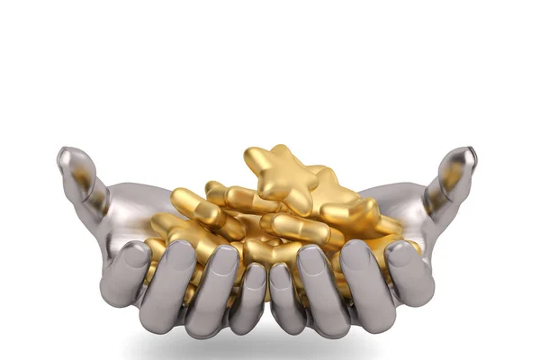 Steel hands keeping holding gold stars on a white background,3D — Stock Photo, Image