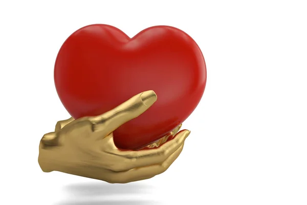 Mani d'oro tenere in mano o proteggere il cuore rosso, 3D illustrat — Foto Stock