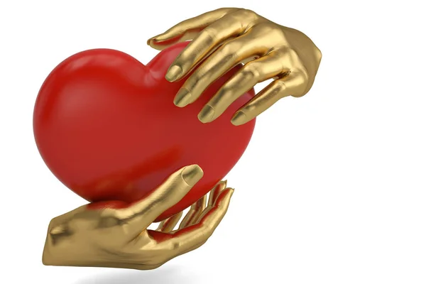 Manos de oro que sostienen o protegen el corazón rojo, ilustración 3D — Foto de Stock