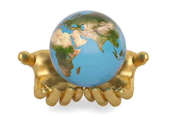 Gold hands keeping holding or protecting globe,3D illustration. — Stock Photo, Image