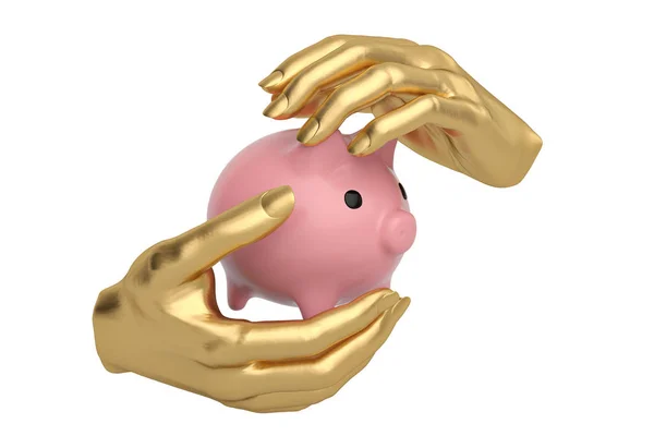 Gouden handen houden bedrijf of bescherming van piggy bank, 3d illustrat — Stockfoto