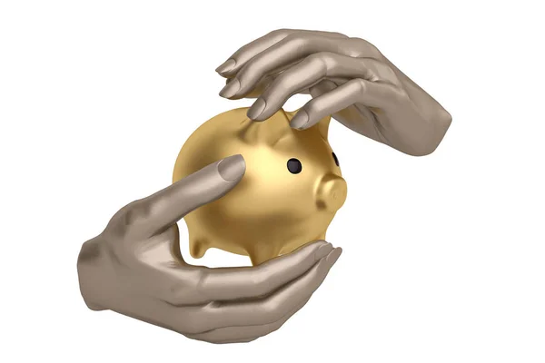 Stalen handen houden bedrijf of bescherming van piggy bank, 3d illustra — Stockfoto