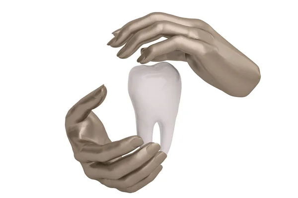 Manos de acero que sostienen o protegen los dientes, ilustración 3D . —  Fotos de Stock