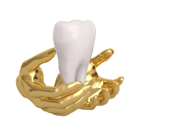 Tangan emas tetap memegang atau melindungi gigi, ilustrasi 3D . — Stok Foto