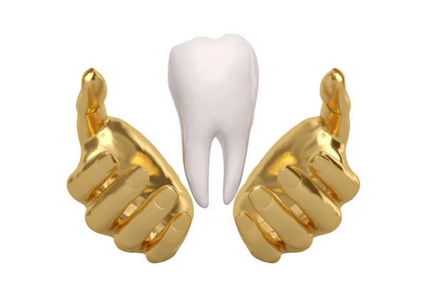 Gold hands keeping holding or protecting tooth,3D illustration. — Stock Photo, Image