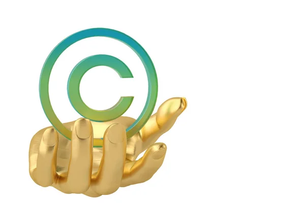 Mano d'oro con icona del copyright, illustrazione 3D . — Foto Stock