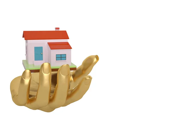 Mantener la mano de oro sosteniendo o protegiendo la casa, ilustración 3D . —  Fotos de Stock