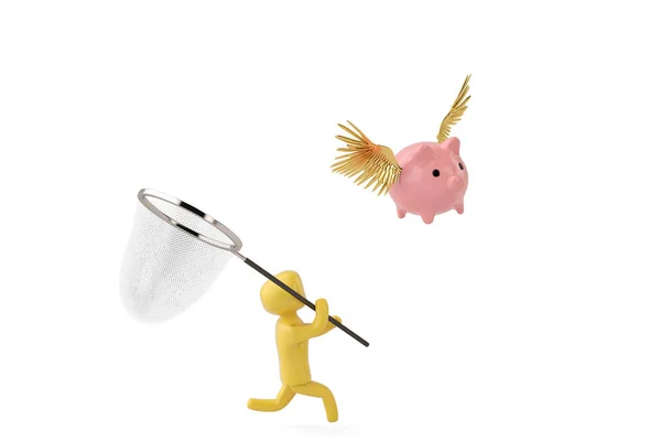 Персонаж, ловящий летающую свинью с помощью net.3D иллюстрации . — стоковое фото