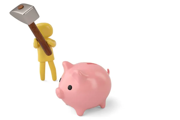 A character holding a big hammer and piggy bank.3D illustration. — Stock Photo, Image