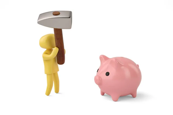 A character holding a big hammer and piggy bank.3D illustration. — Stock Photo, Image