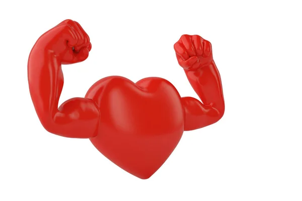 Muscle hands on red heart 3D illustration — Stock Photo, Image
