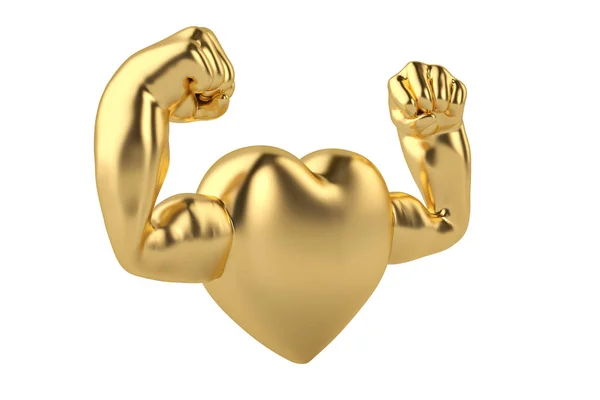 Manos musculares en el corazón de oro ilustración 3D —  Fotos de Stock