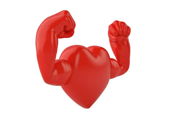 Manos musculares en el corazón rojo Ilustración 3D — Foto de Stock