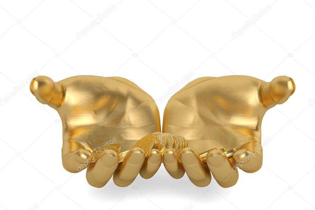 Gold hands keeping holding gold coins on a white background,3D i