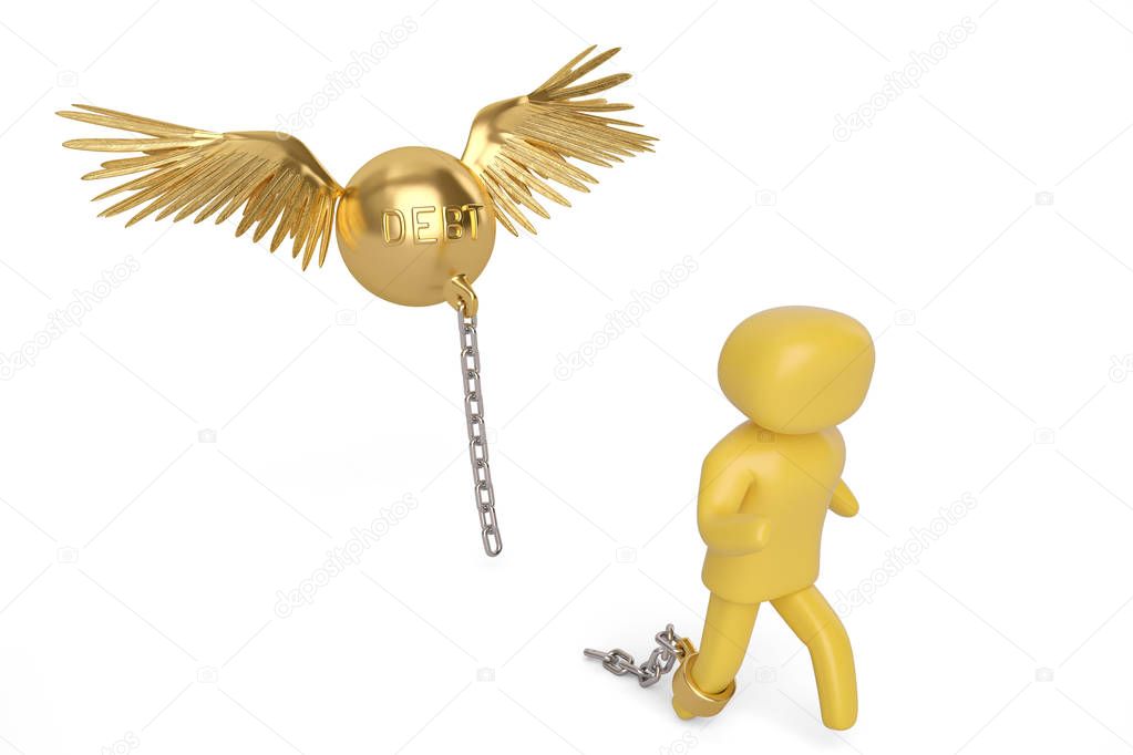 A character and flying gold debt shackle.3D illustration.