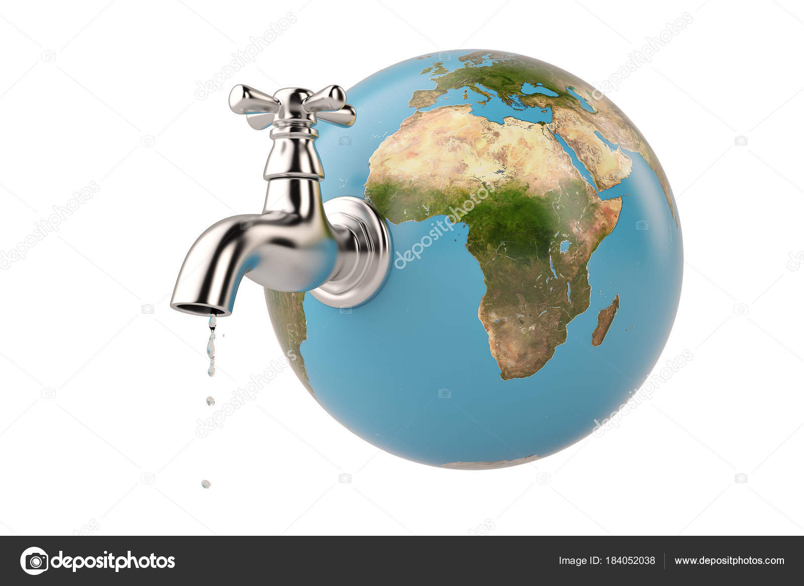 Save water concept water tap with earth globe isolated on white ...