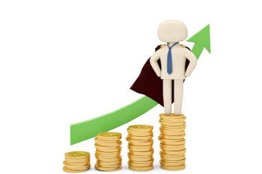 Altın para yığınları 3d çizim süper kahraman karakteri.
