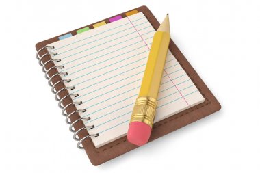 Yüksek kaliteli not defteri ve kalem üzerinde beyaz 3d illustrat izole