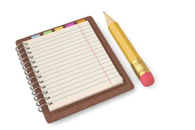 Yüksek kaliteli not defteri ve kalem üzerinde beyaz 3d illustrat izole