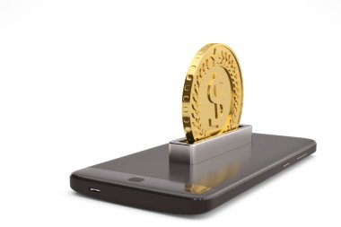 Büyük altın para ve cep telefonu akıllı telefon concept.3d illust kaydetmek