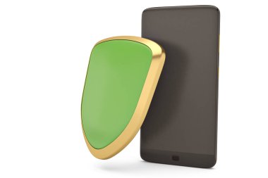 Smartphone ve kalkan beyaz güvenlik concept.3d resimde üzerinde.