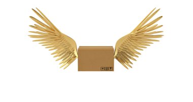 Box.3D resimde uçan altın kanatlı kutu.