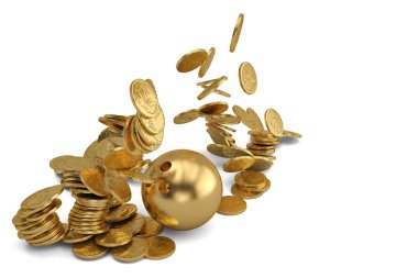 Altın bowling ve bozuk para stacks.3d illüstrasyon.