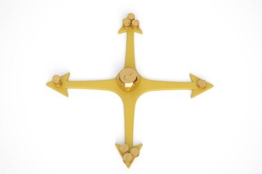 Karar kavramı zar ve para yığınları üzerinde çapraz arrows.3d illustr