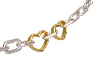 Gümüş Zincir üzerinde beyaz background.3d iki altın kalp bağlantılarla Il