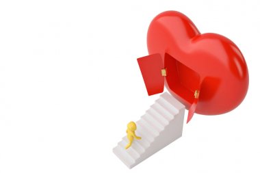 Kapıları aç ve stairs.3d illustratio karakteri ile kırmızı kalp