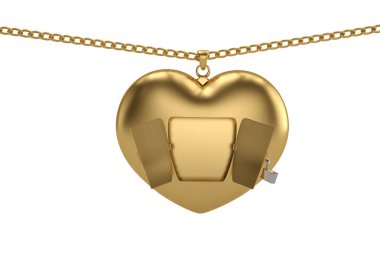 Yaratıcı kavramı zinciri ile açık beyaz zemin üzerine altın kalp.