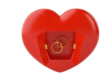 Beyaz background.3d illustrati üzerinde altın yüzük ile açık kırmızı kalp