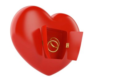 Beyaz background.3d illustrati üzerinde altın yüzük ile açık kırmızı kalp