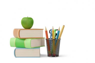 Bazı kitaplar ve kalem beyaz arka plan üzerinde yeşil bir pot elma olduğunu s