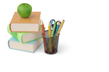 Bazı kitaplar ve kalem beyaz arka plan üzerinde yeşil bir pot elma olduğunu s