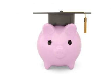 Kolej üzerinde beyaz background.3d illustra ile pembe piggy banka