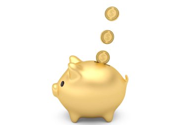 White.3 üzerinde izole yuvasına düşen paraları ile altın piggy banka