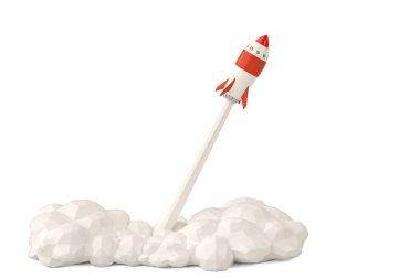 Beyaz background.3d illust üzerinde uçan roket konseptiyle başlangıç