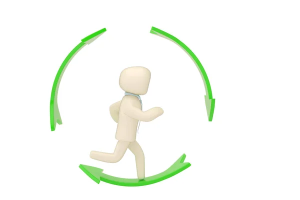 Un personaggio umano eseguito nelle frecce anello verde illustrazione 3d . — Foto Stock