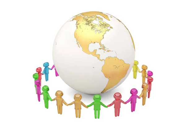 Mänsklig karaktär hålla händerna runt världen världen gemenskapen c — Stockfoto