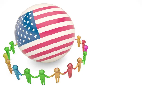 Ludzkiego charakteru trzymając się za ręce wokół amerykańska flaga glob pokazanego 3d — Zdjęcie stockowe