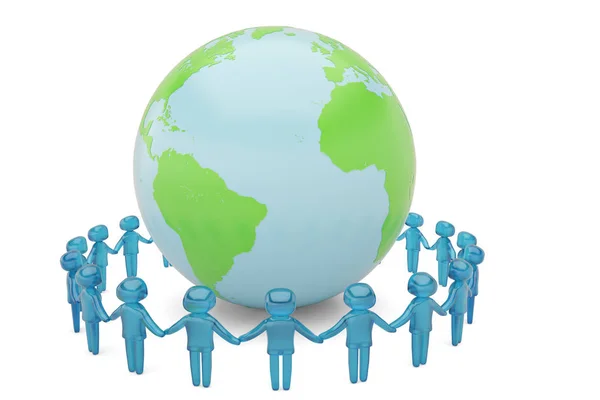Blå mänsklig karaktär hålla händerna runt den världen världen commun — Stockfoto