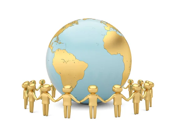 Guld mänsklig karaktär hålla händerna runt den världen världen commun — Stockfoto
