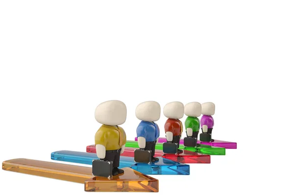 Colorful office man characters on arrow 3d illustration. — Stock Photo, Image