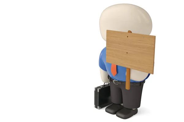 Office man karakter en houten bord 3d illustratie. — Stockfoto