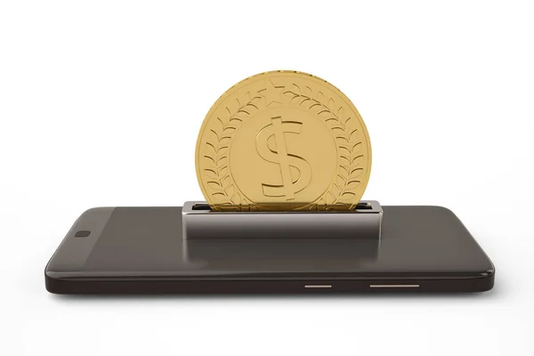 Велика золота монета та мобільний смартфон зберігають концепцію.3D-помилка — стокове фото